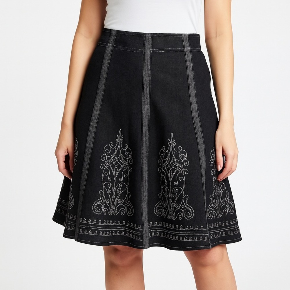 Denim & Co Skirt Women 12 Black A-Line Embroidered Dark Wash Denim Casual Boho